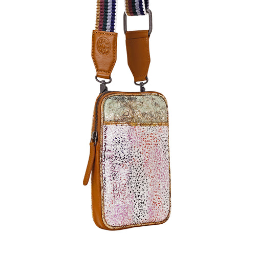 Dryvale Cell Phone Holder for Women in ivory with metallic leather and webbing strap