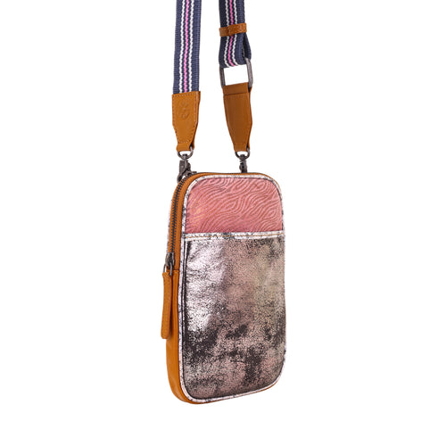 Dryvale Cell Phone Holder for Women in pink with metallic leather and webbing strap