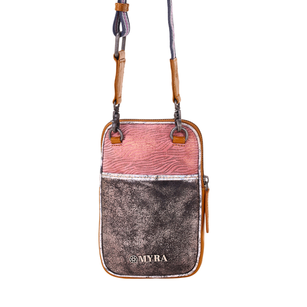 Dryvale Cell Phone Holder for Women in pink with metallic leather and webbing strap