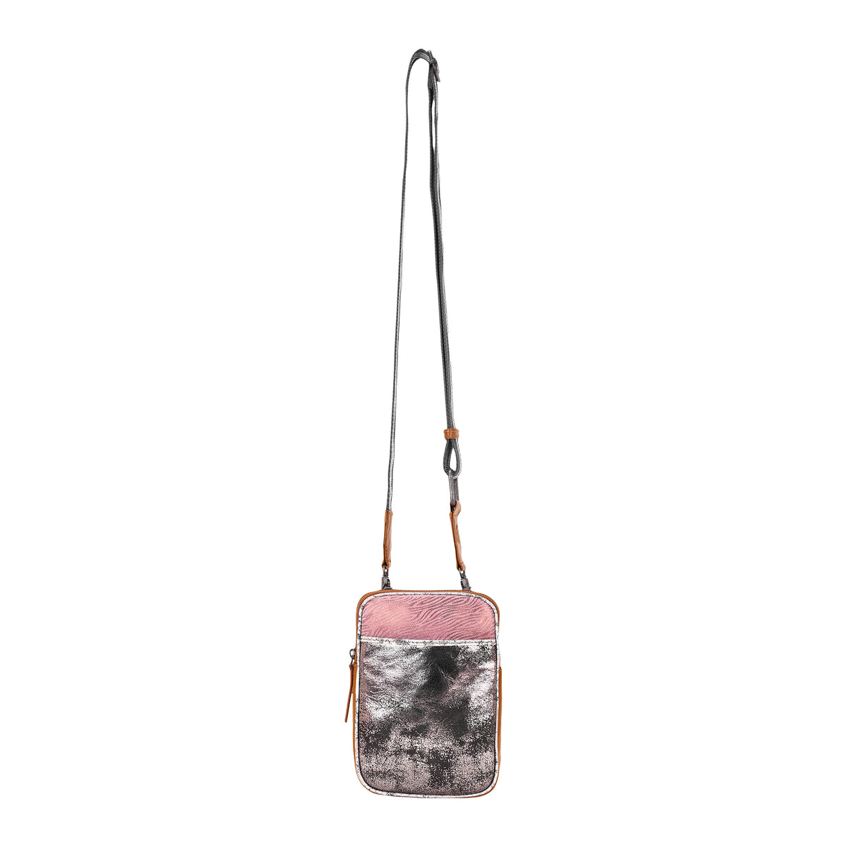 Dryvale Cell Phone Holder for Women in pink with metallic leather and webbing strap