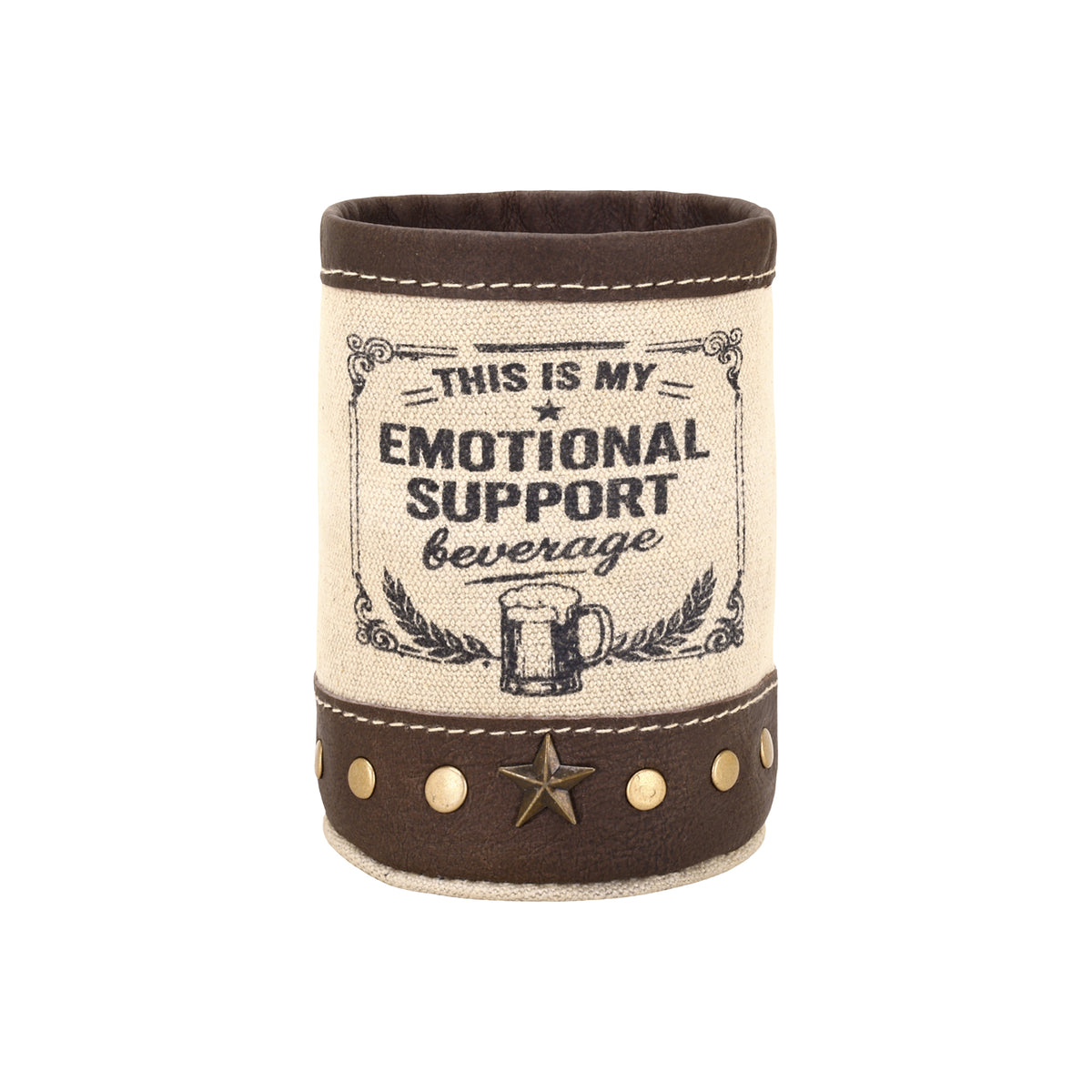 Emotional Support beer can holder in cream with genuine leather trim