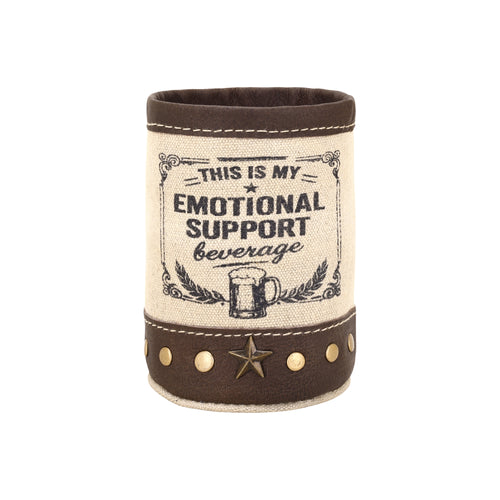 Emotional Support beer can holder in cream with genuine leather trim