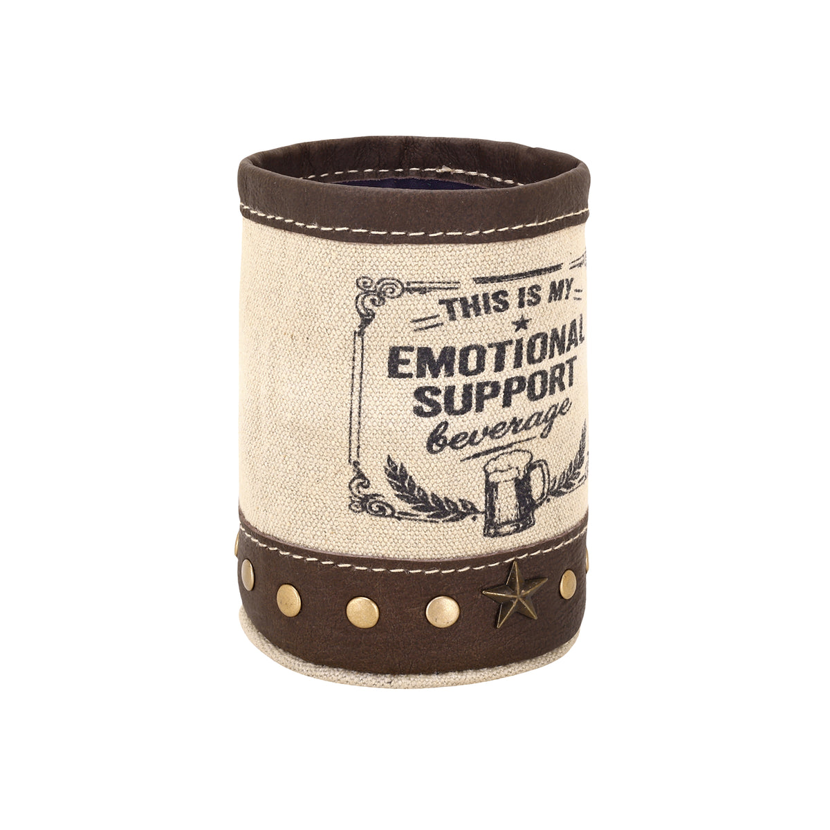Emotional Support beer can holder in cream with genuine leather trim
