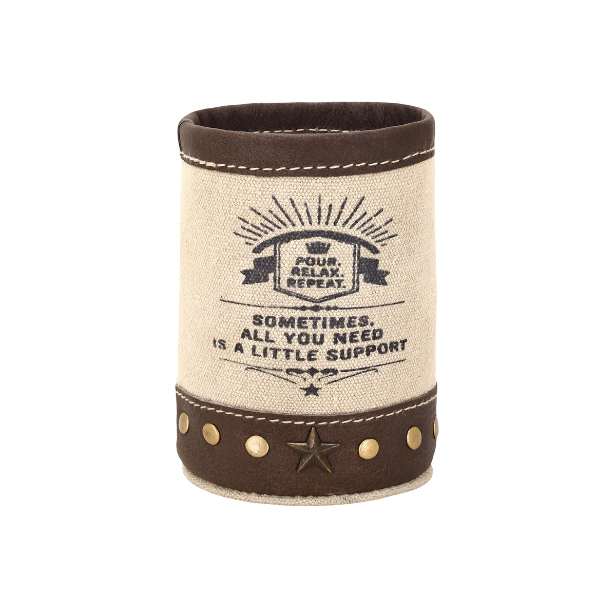 Emotional Support beer can holder in cream with genuine leather trim