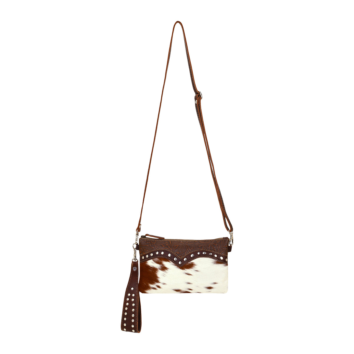 Ocotillo Belt Bag for Women in brown with hair on cowhide and studs