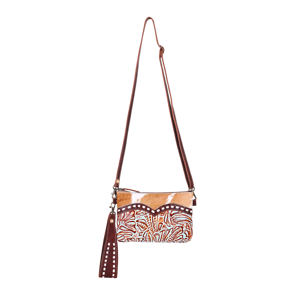 Ocotillo Belt Bag for Women in turquoise with embossed leather and buckstitch
