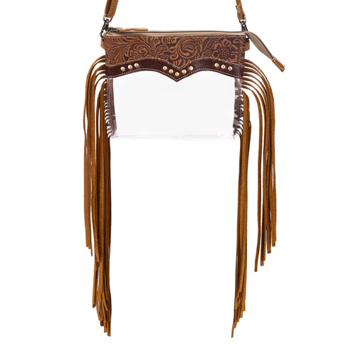 Chuckline Clear Crossbody Bag for Women in tan with suede fringe