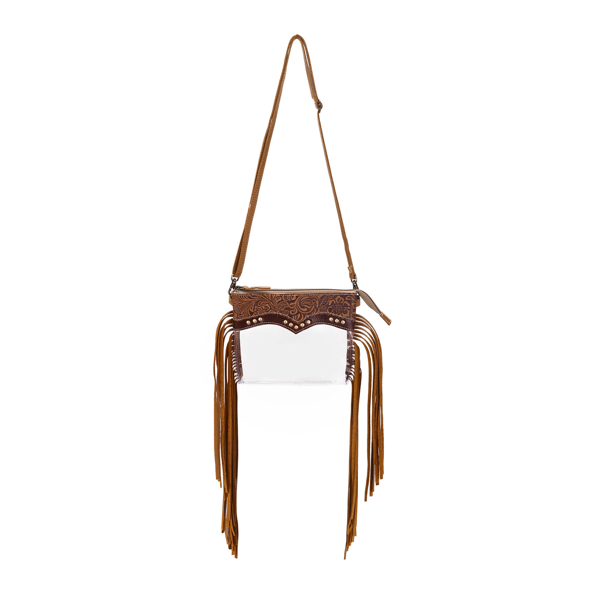 Chuckline Clear Crossbody Bag for Women in tan with suede fringe