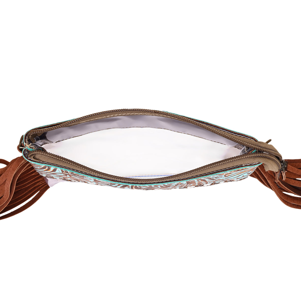 Chuckline Clear Crossbody Bag for Women in tan with suede fringe
