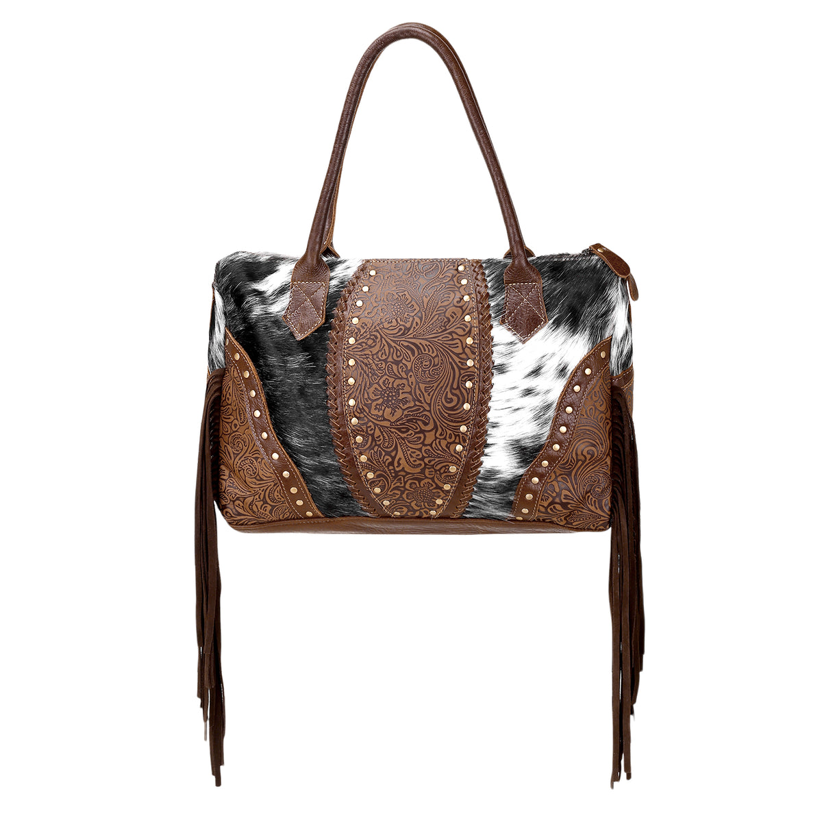 Bedground Weekender Bag for Women in brown with hair on with suede fringe