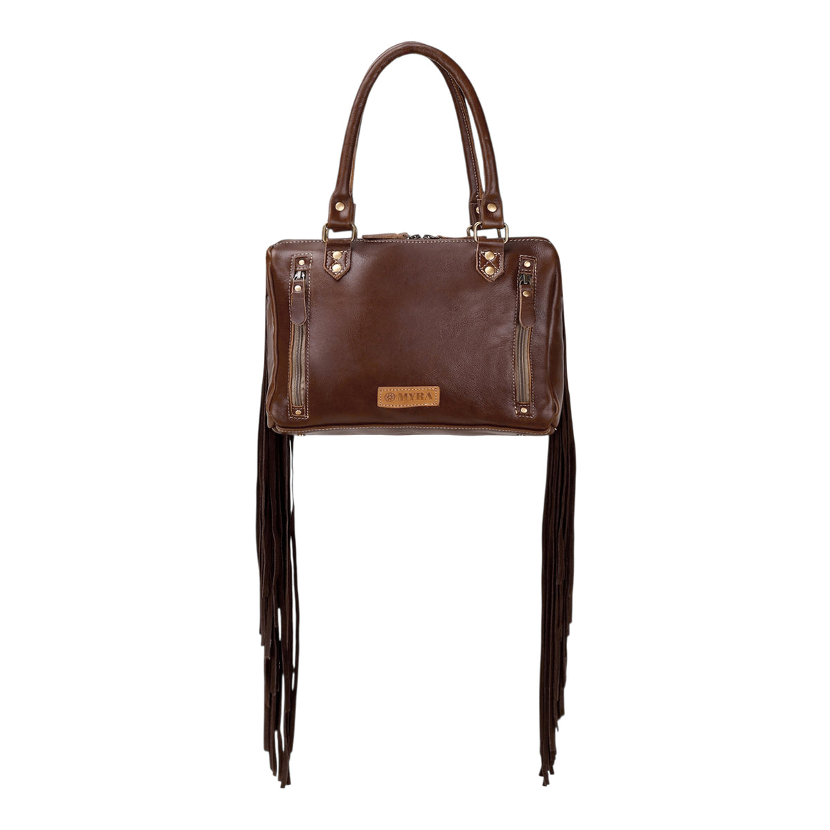 Tan Freckles Concealed Carry Bag in Hair on Leather with Fringe and Tooled Trim