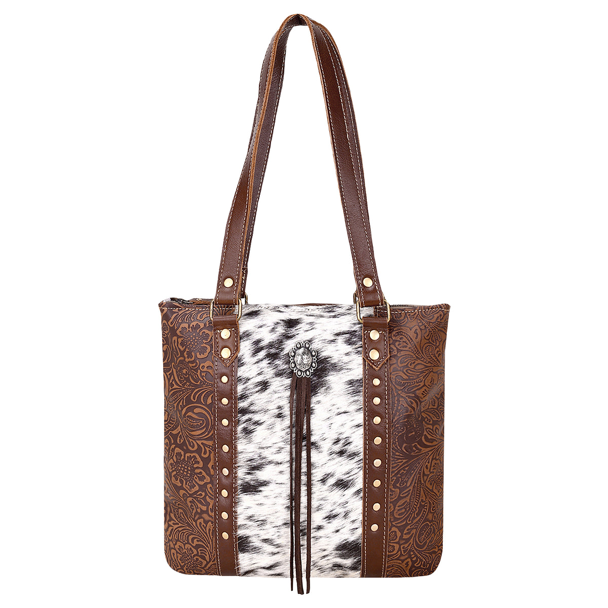 Rosalinda Concealed Carry Bag for Women in brown with hair on and concho