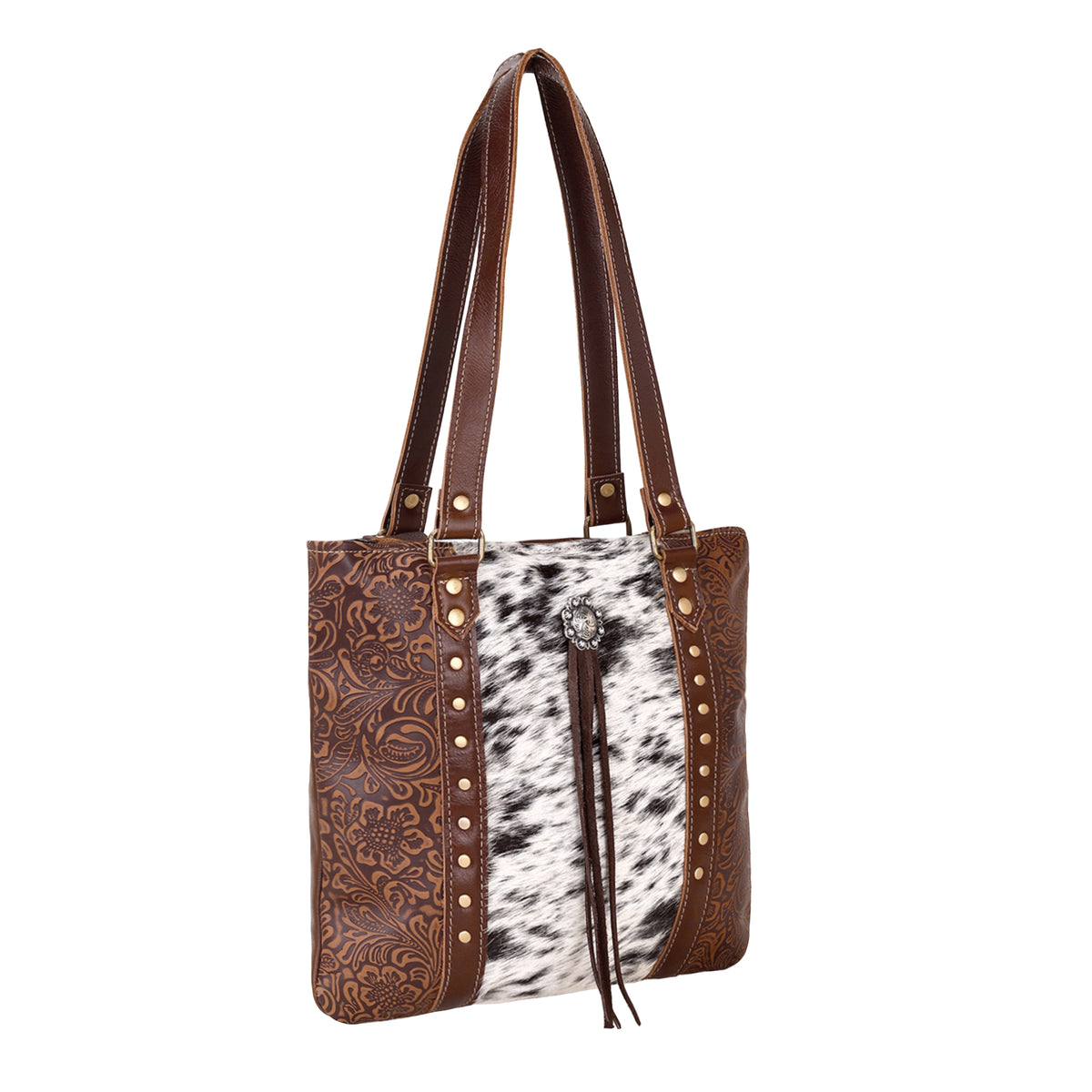 Rosalinda Concealed Carry Bag for Women in brown with hair on and concho