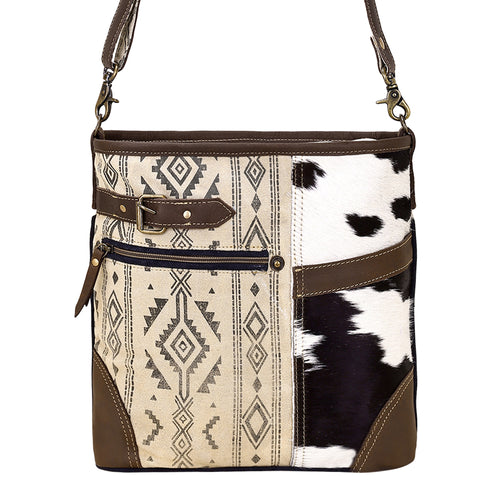 Threeawn Shoulder Bag for Women in cream with hair on and Aztec detail