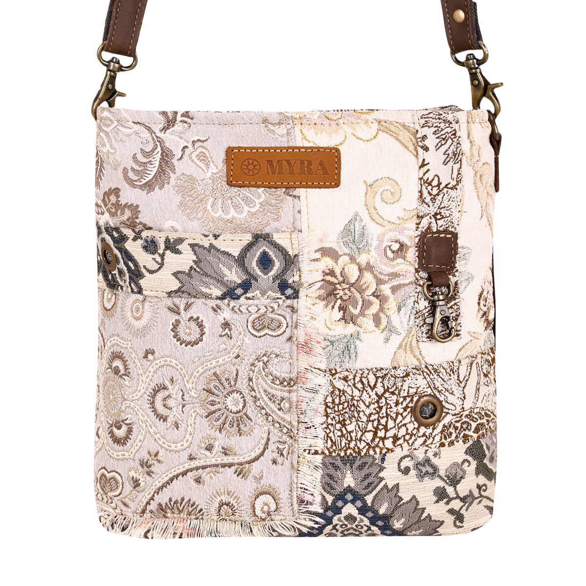 Ricegrass Shoulder Bag for Women in cream with jacquard patchwork