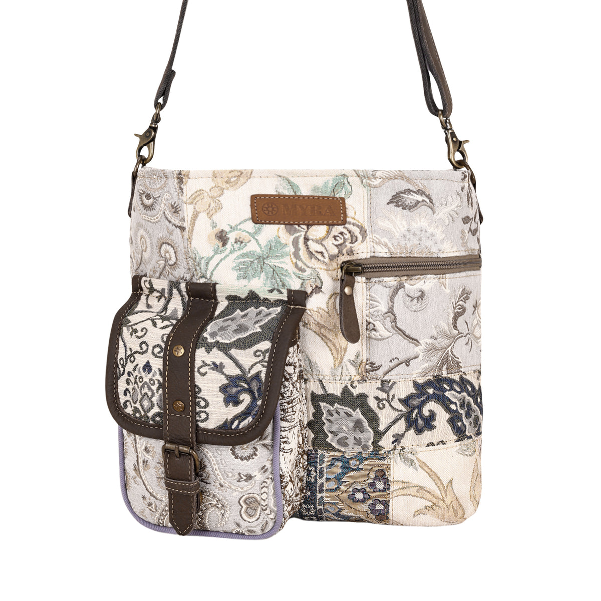 Mossbloom Upcycled Canvas Bag for Women in cream with jacquard patchwork