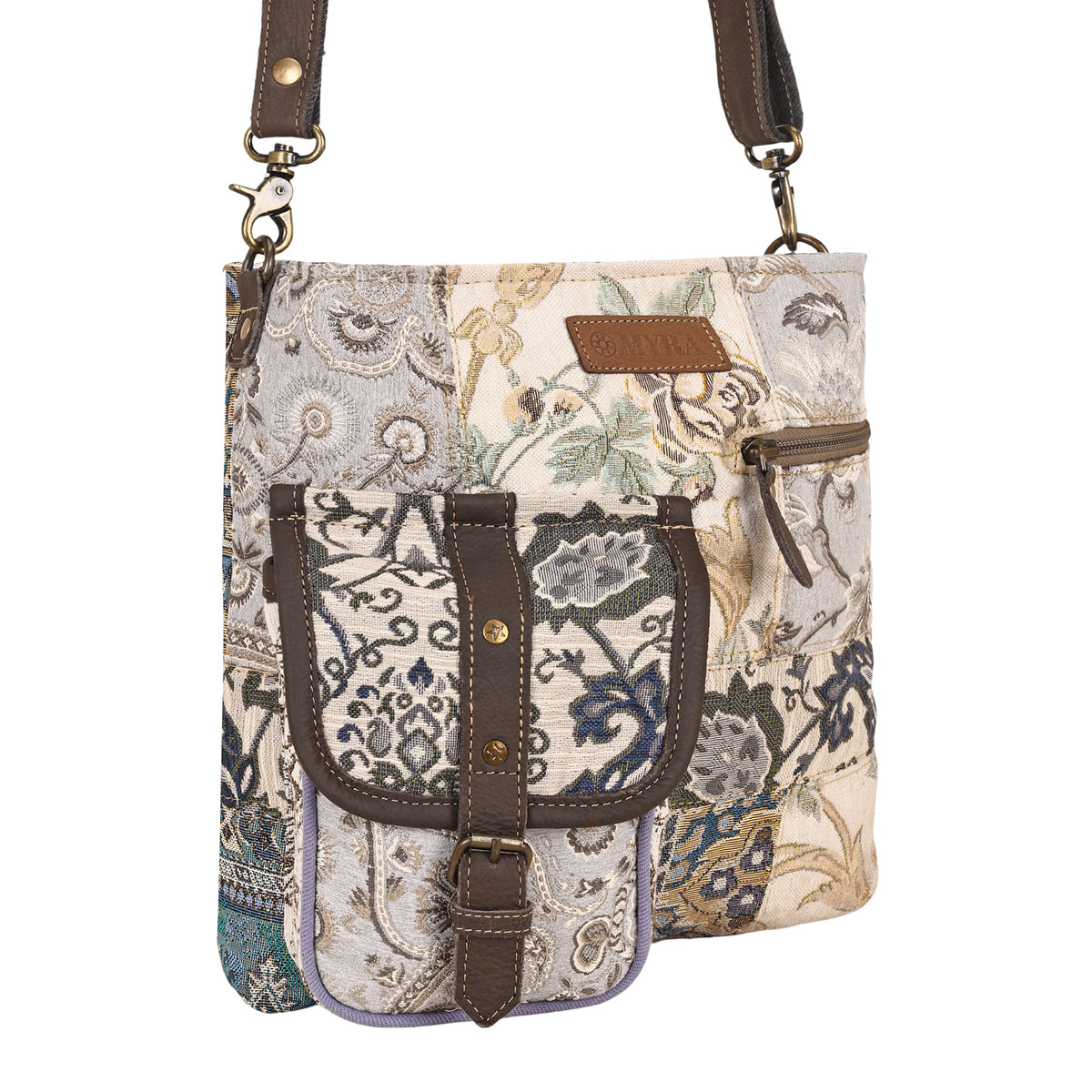 Mossbloom Upcycled Canvas Bag for Women in cream with jacquard patchwork