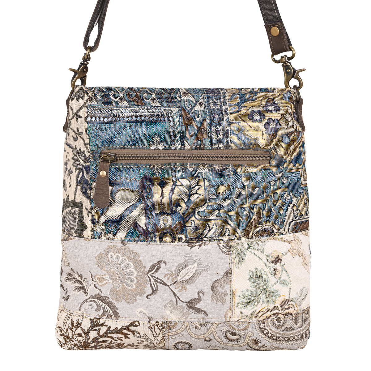 Mossbloom Upcycled Canvas Bag for Women in cream with jacquard patchwork