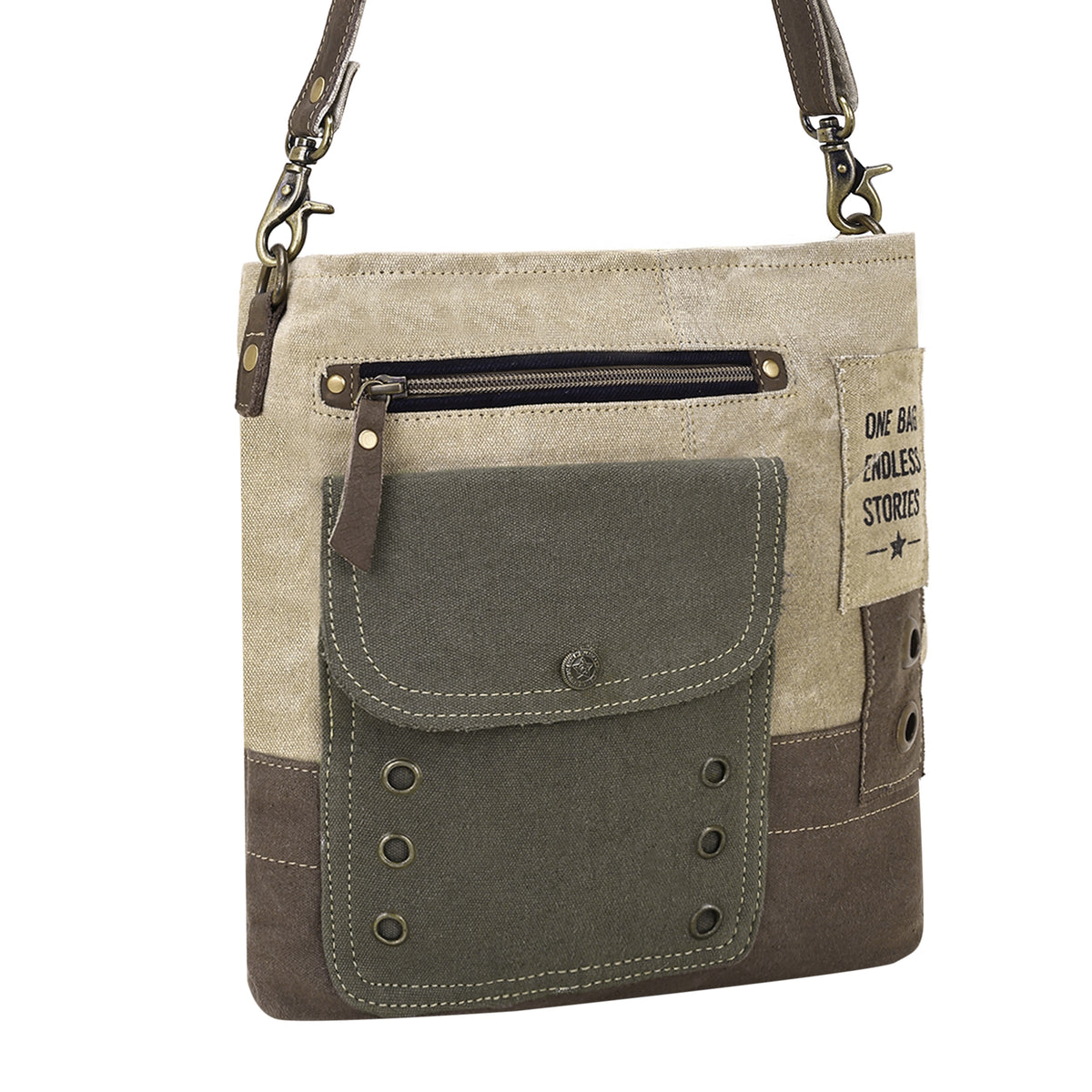 Bricklebush Shoulder Bag for Women in olive with canvas patchwork
