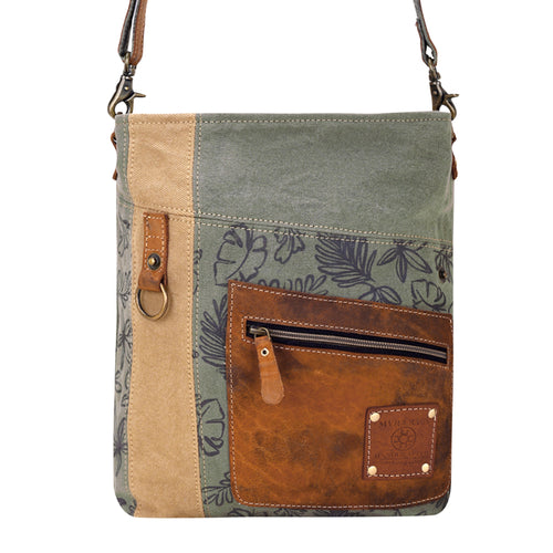 Hopsage Upcycled Canvas Bag for Women in olive with leaf print