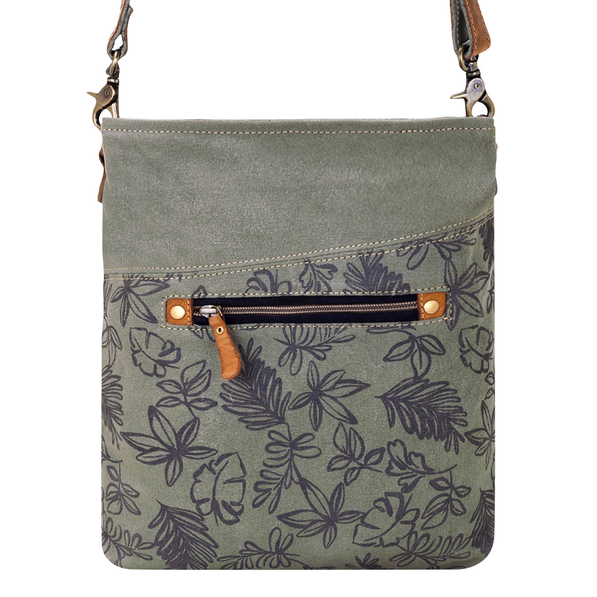 Hopsage Upcycled Canvas Bag for Women in olive with leaf print
