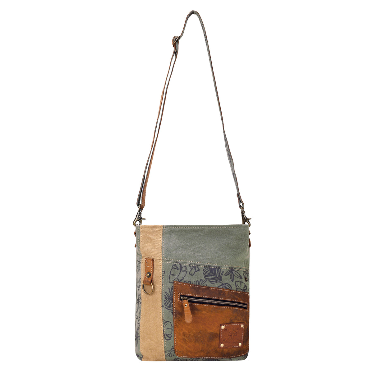 Hopsage Upcycled Canvas Bag for Women in olive with leaf print