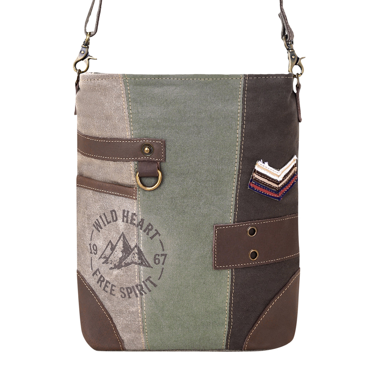 Cenizo Upcycled Canvas Bag for Women in olive with chevron patch