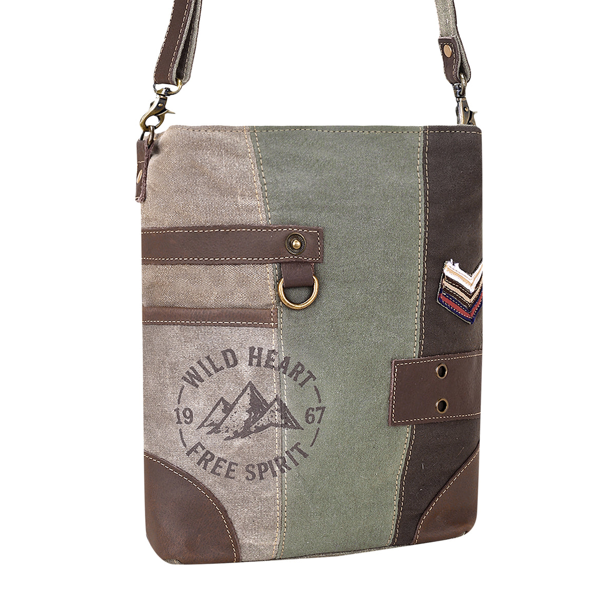 Cenizo Upcycled Canvas Bag for Women in olive with chevron patch