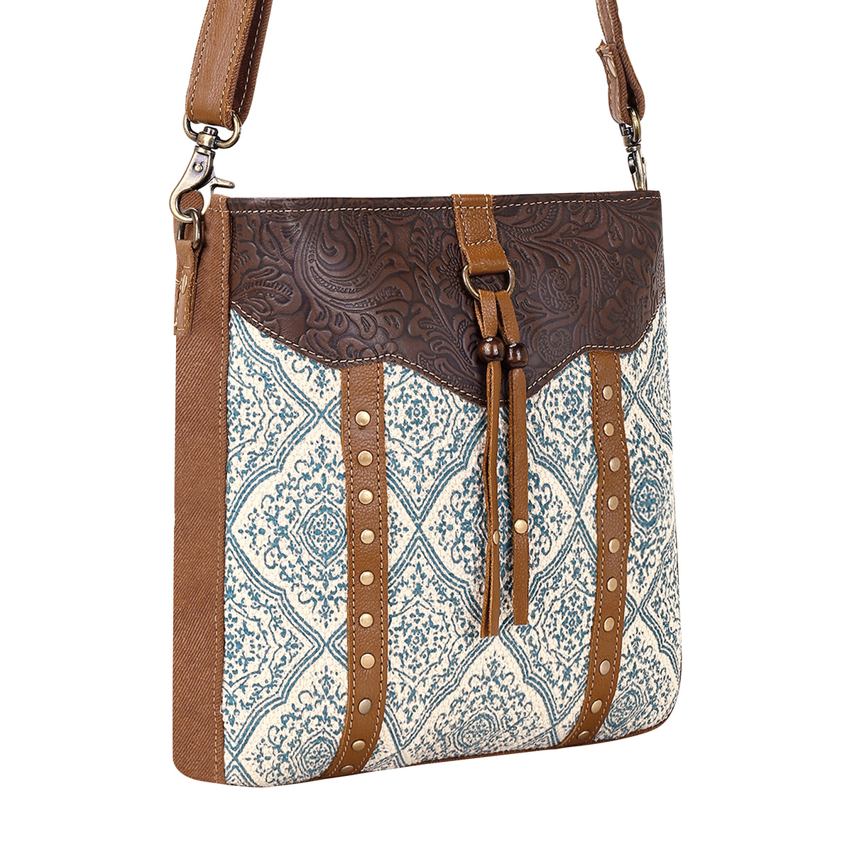 Bitterbrush Upcycled Canvas Bag for Women in blue with block print