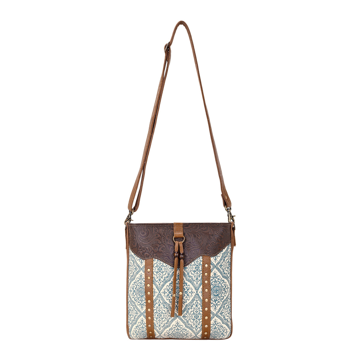 Bitterbrush Upcycled Canvas Bag for Women in blue with block print