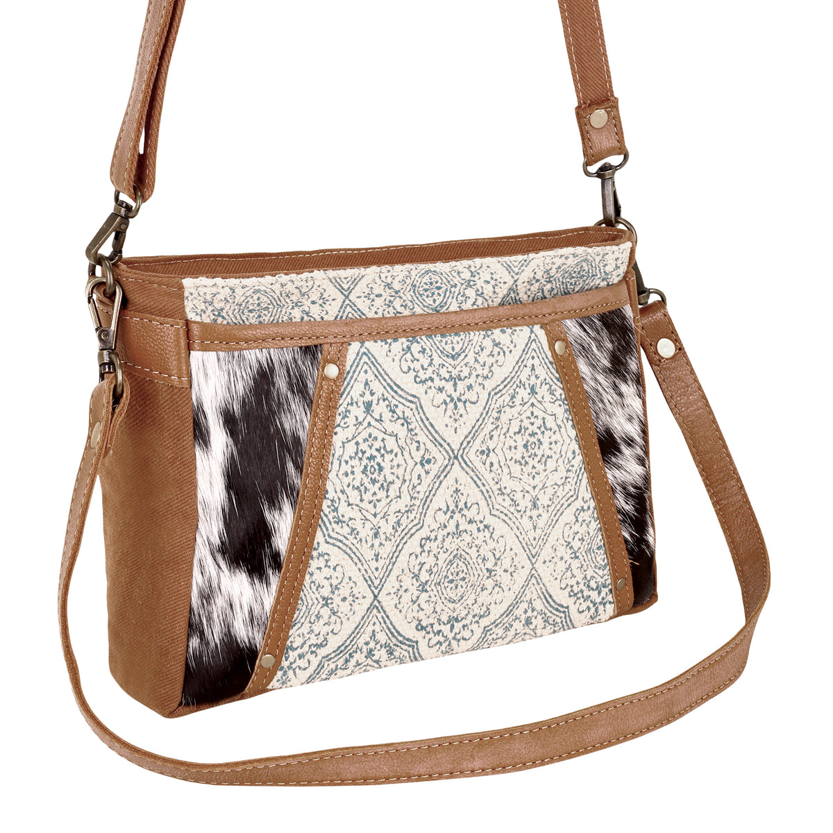 Dual Strap Small Crossbody Bag in blue with hair on