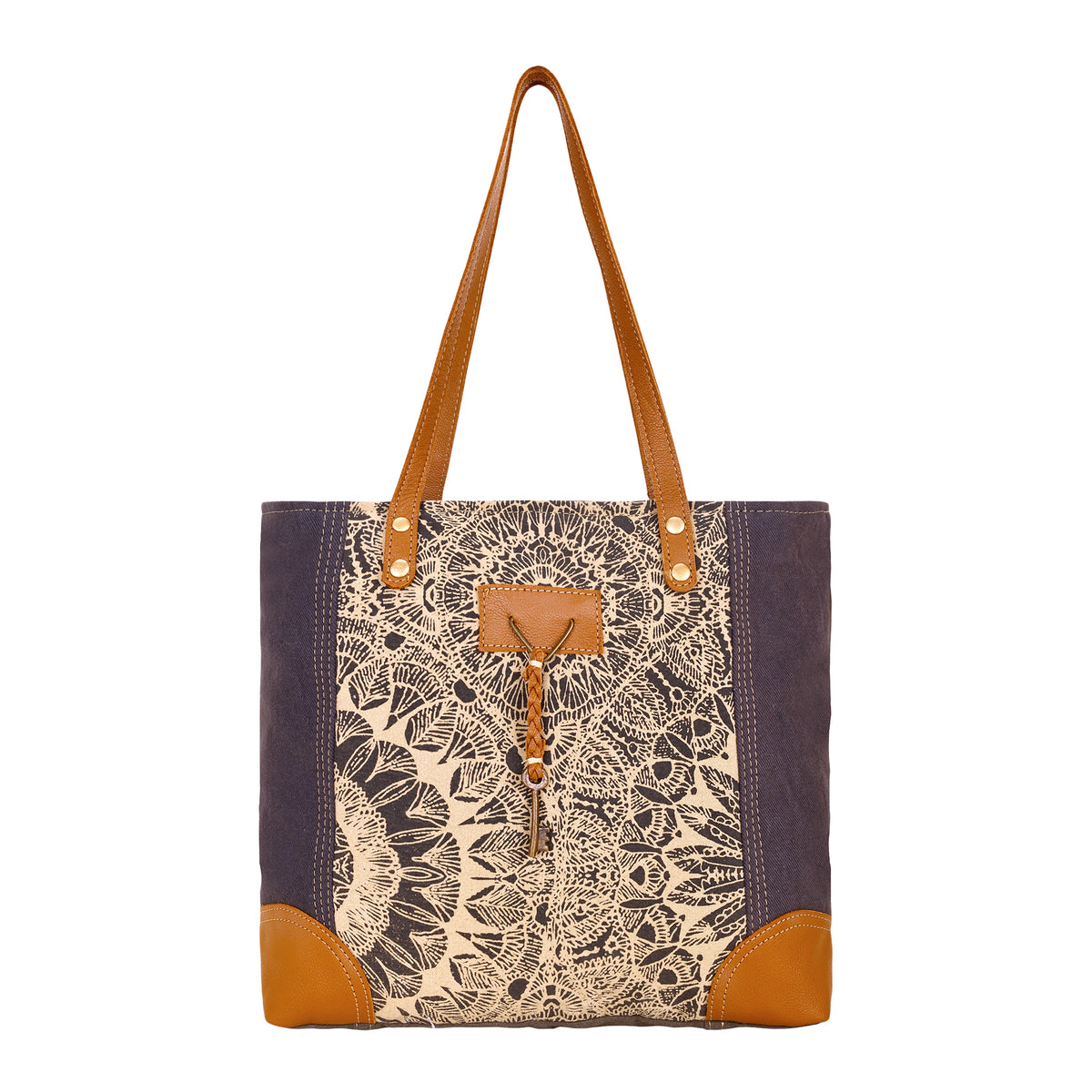 Abstract Key Tote Bag in charcoal with lace print