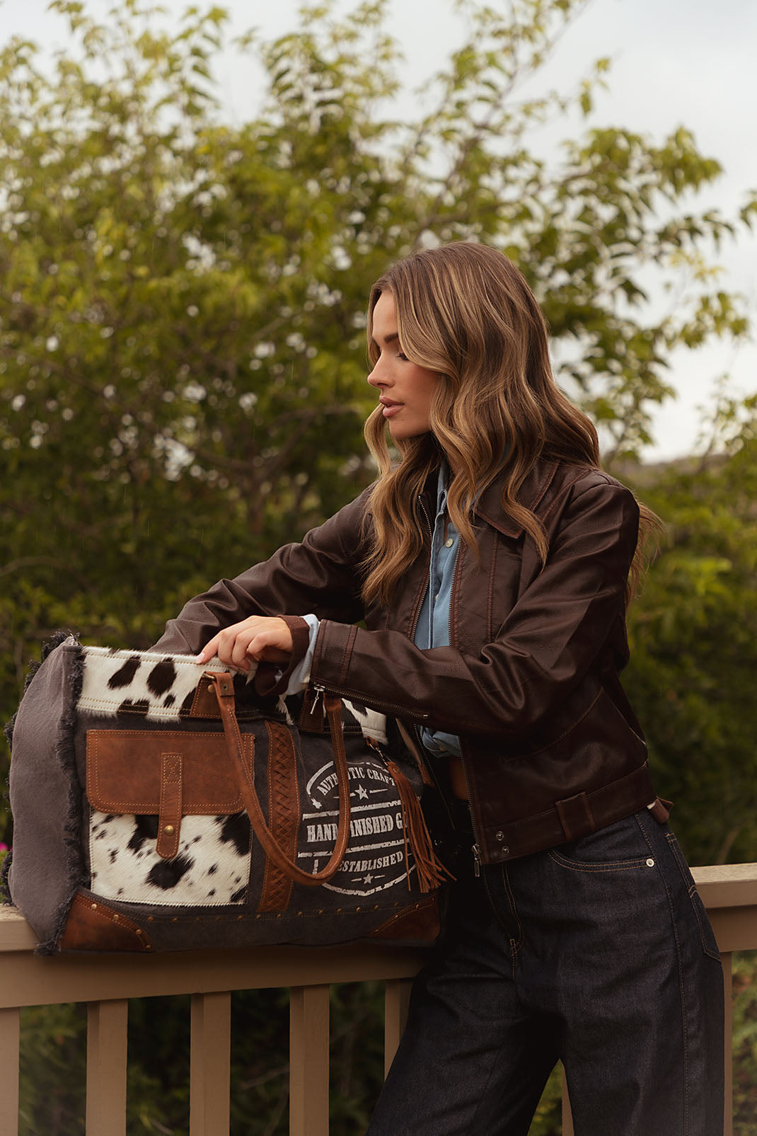 Dakota Trail Hairon Leather Weekender Bag in charcoal with rustic fringe