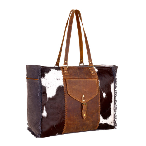 Penstemon Weekender Bag for Women in olive with hair on and leather