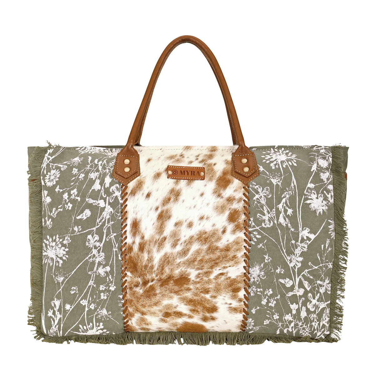 Globemallow Weekender Bag for Women in olive with hair on and floral print