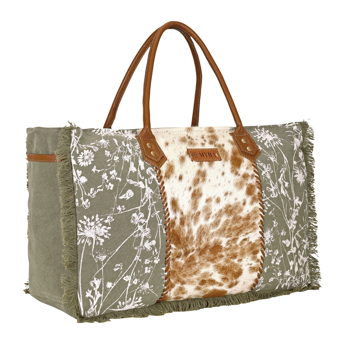 Globemallow Weekender Bag for Women in olive with hair on and floral print