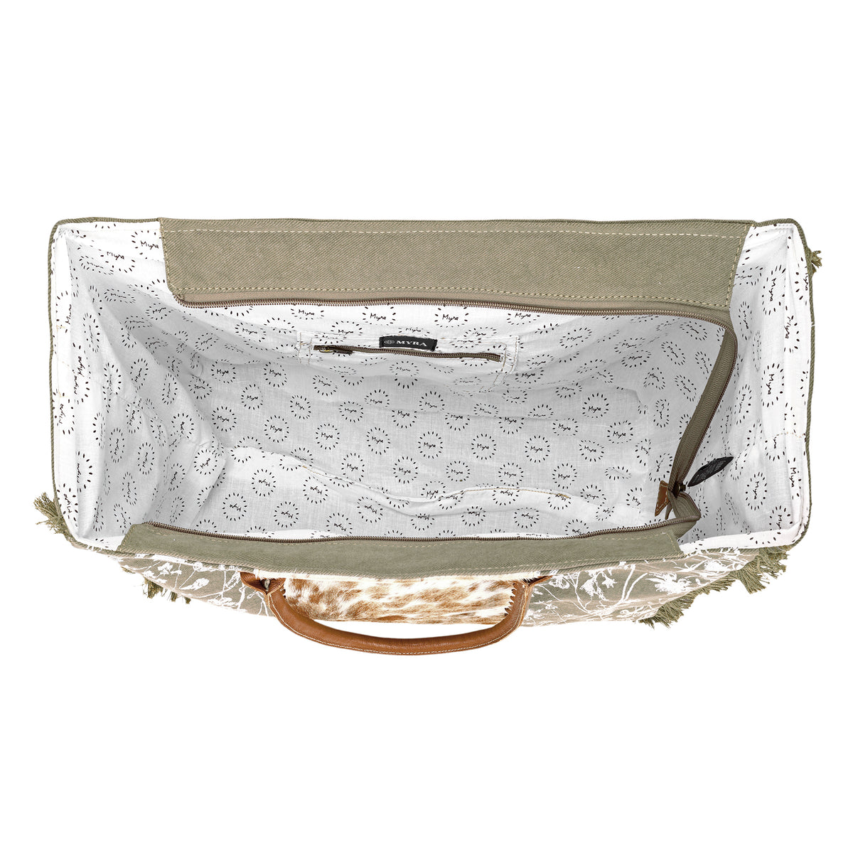 Globemallow Weekender Bag for Women in olive with hair on and floral print