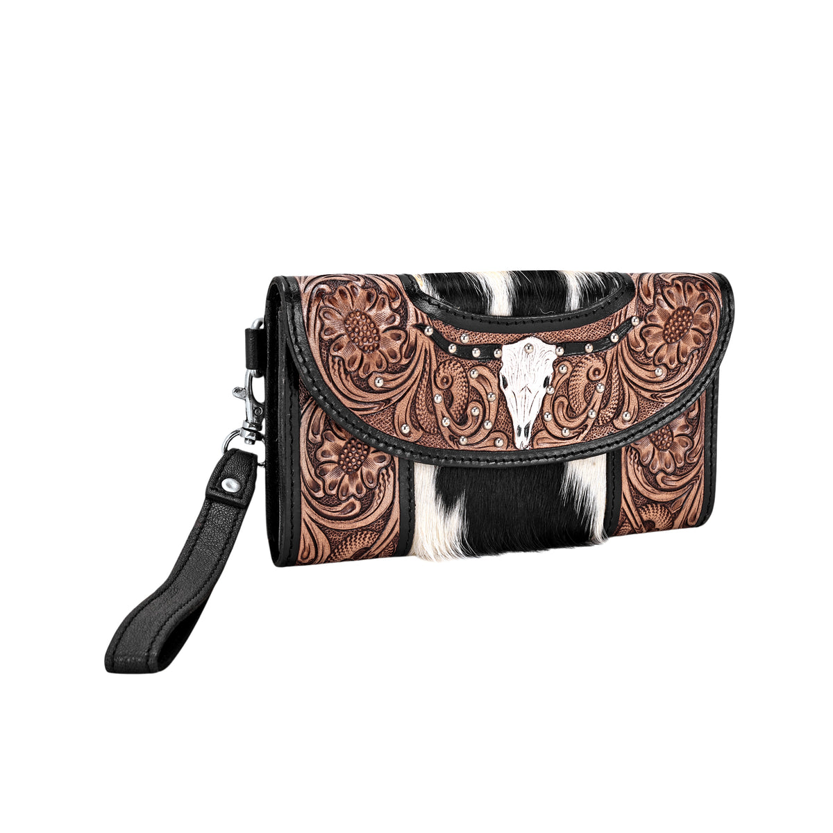 Sandstone Trail Wristlet Wallet for Women in black with hair on and hand tooled steer skull