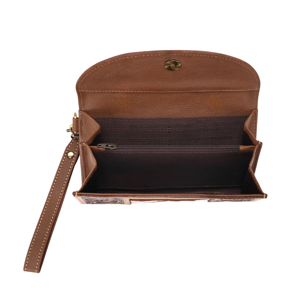 Sandstone Trail Wristlet Wallet for Women in tan with hair on and hand tooled leather
