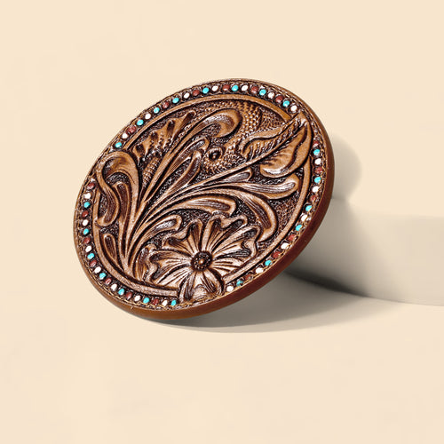 Cinder Vale Mirror Case for Women in tan with hand tooled detail