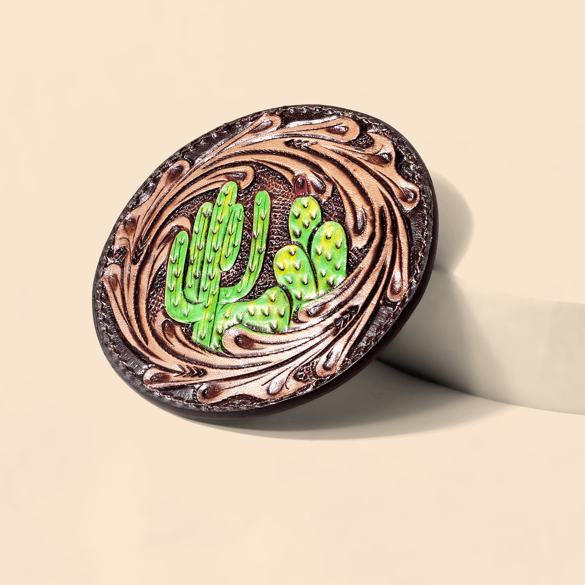 Cinder Vale Mirror Case for Women in brown with hand tooled cactus