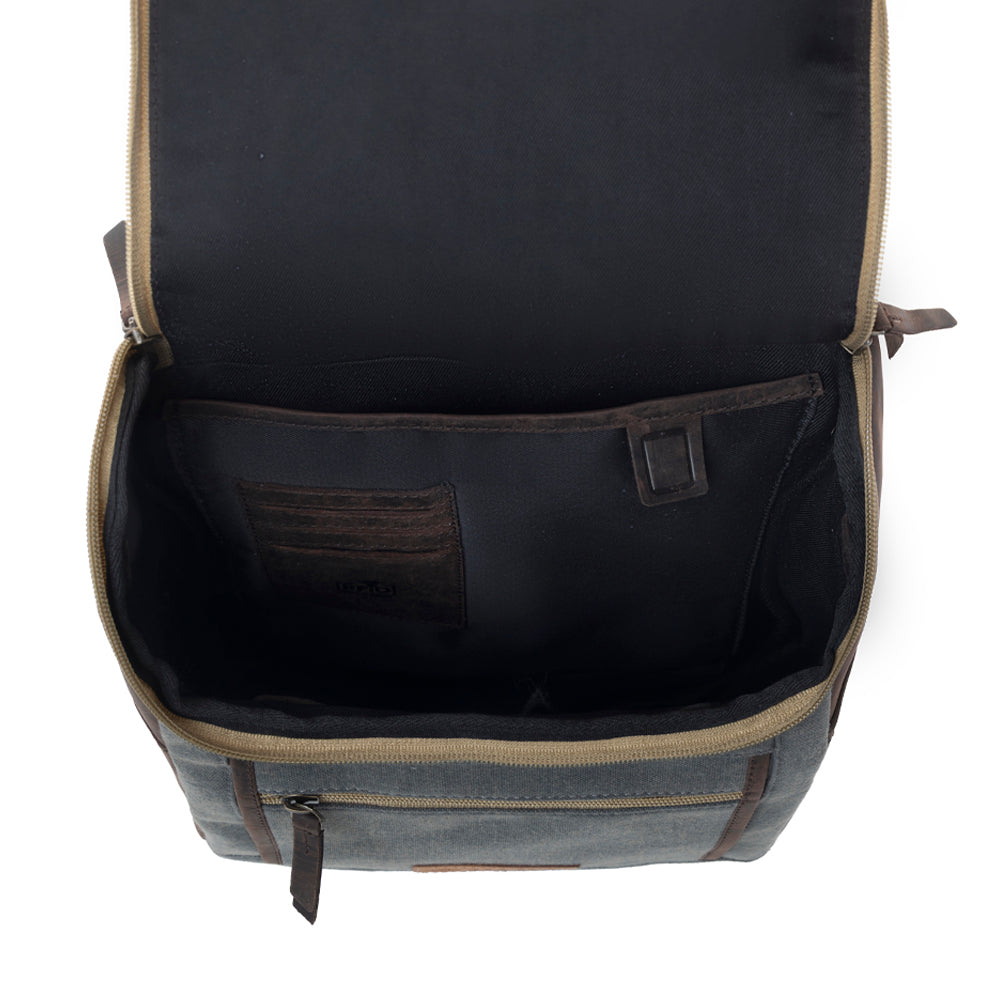 Carriage Port Slimline Backpack in grey with canvas and leather