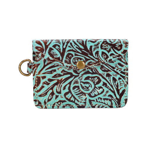 Juniper Moon Embossed Leather Coin Purse in Turquoise Umber