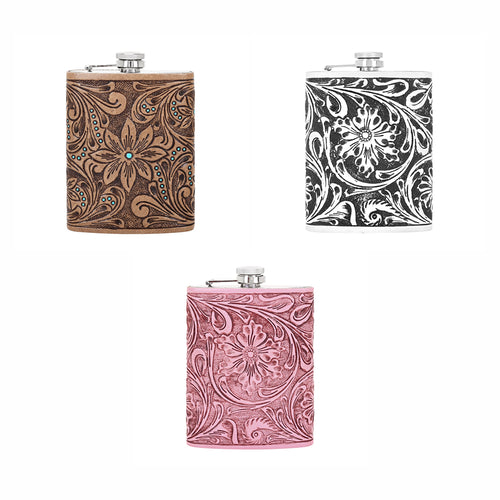 Mountain Trail Flask hand tooled leather, 8 oz Variant Combo