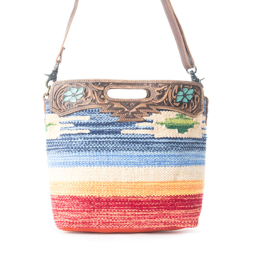 AZURE PETALS HAND TOOLED BAG.