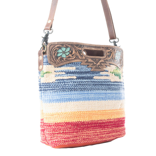 AZURE PETALS HAND TOOLED BAG.