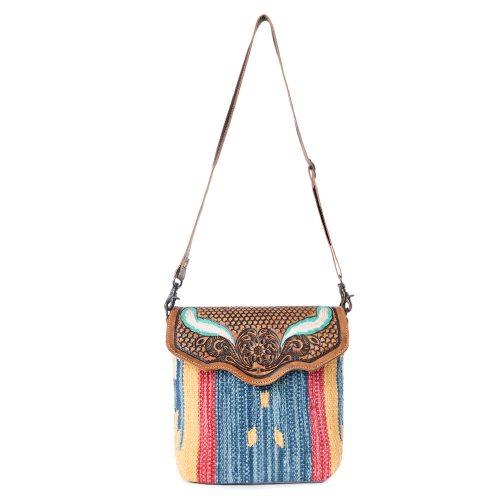 BLUE FEATHER HAND TOOLED BAG