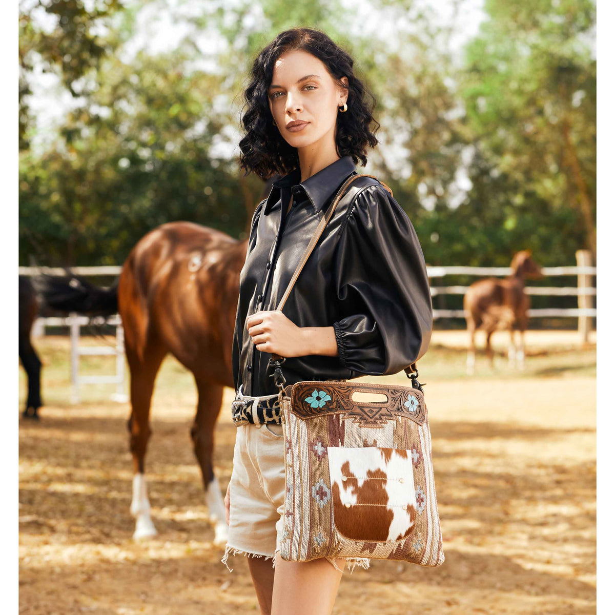 Azure Blossoms Hand-Tooled Bag