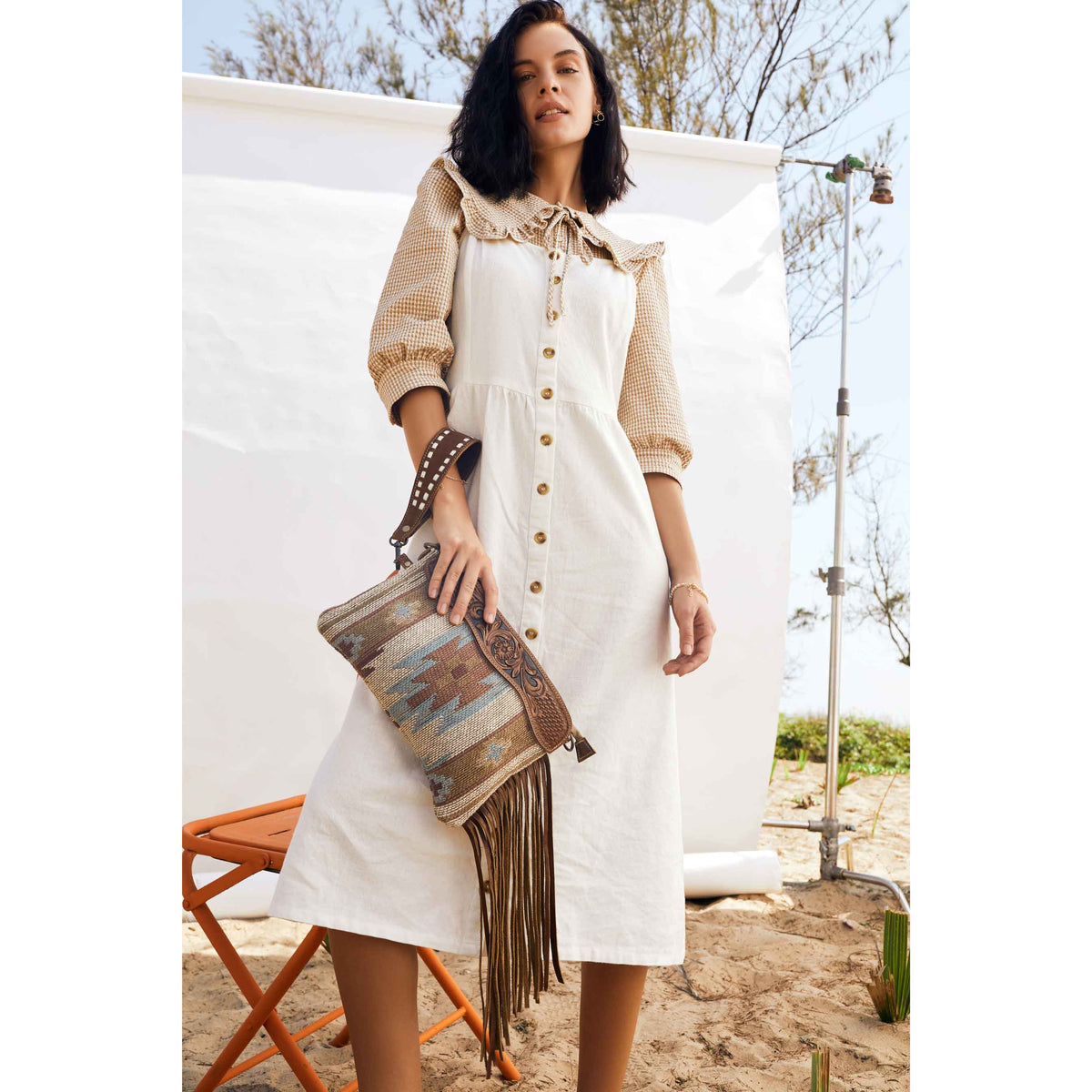 Brown Tassles  Hand-Tooled Bag