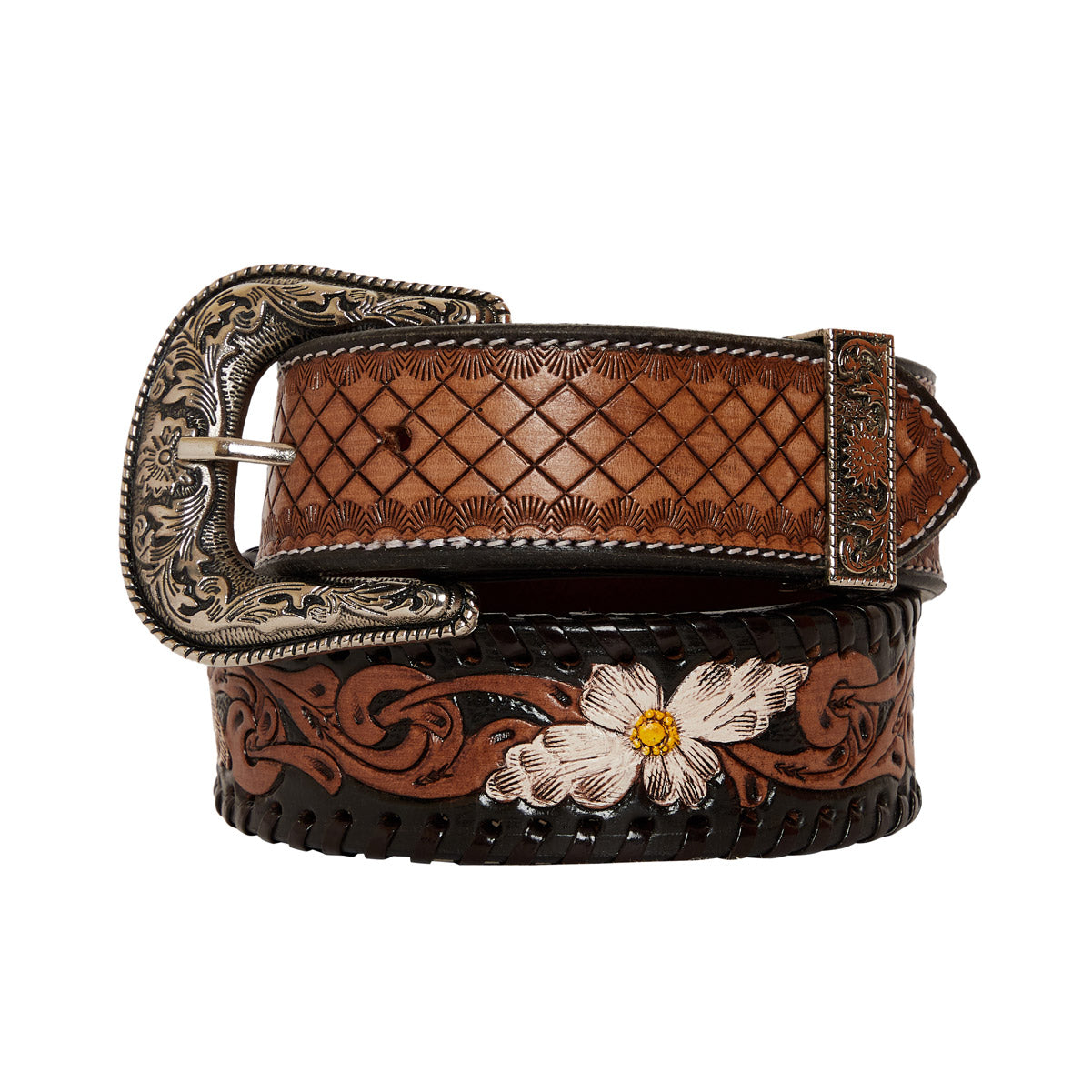 Checkered brown  Hand-Tooled  Leather Belt